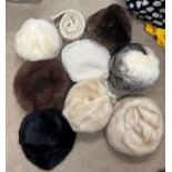 Eight various vintage fur hats and a mink belt.