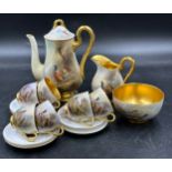 A Royal Worcester coffee set painted with pheasants, by J. Stinton, all signed to include 6 x cups