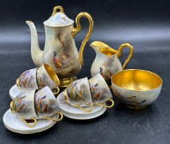 A Royal Worcester coffee set painted with pheasants, by J. Stinton, all signed to include 6 x cups