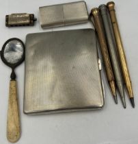 A miscellany to include silver cigarette case, silver lighter, two rolled gold pencils and a white