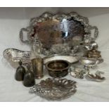 Silverplated items to include a heavy ornate oblong tray 65cm l, Garrard & Co pierced basket, a pair