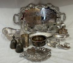 Silverplated items to include a heavy ornate oblong tray 65cm l, Garrard & Co pierced basket, a pair