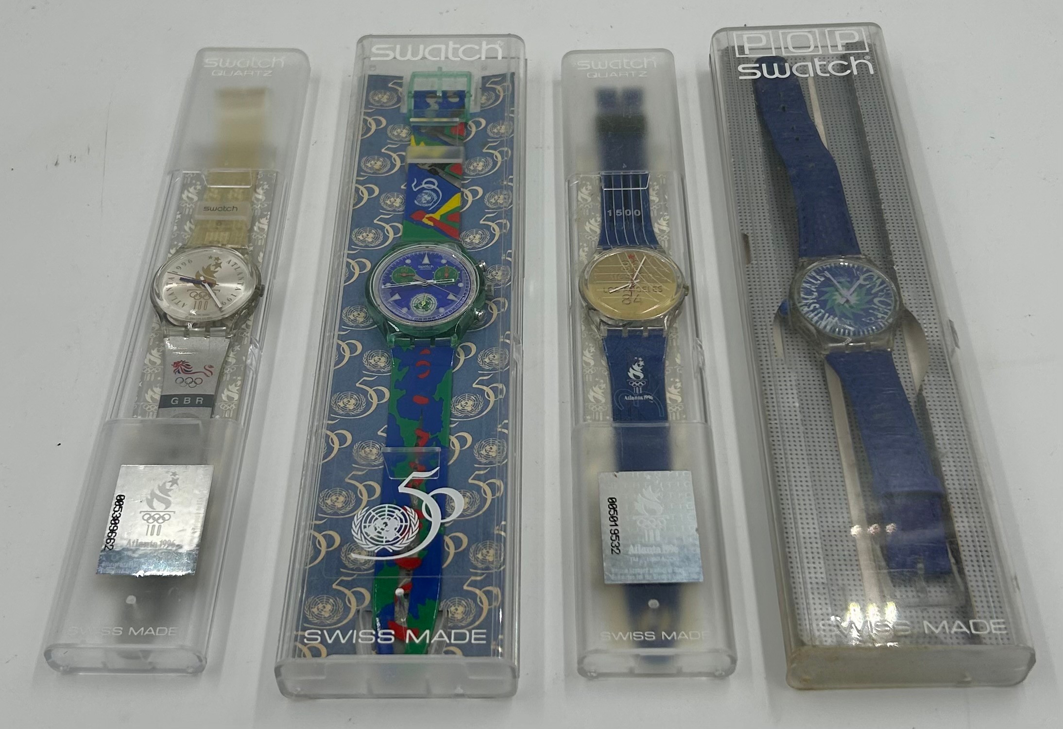 Four Swatch Watches: 50th Anniversary of The United Nations, 1996 Atlanta Olympics Team GB, SLK100 - Bild 2 aus 4