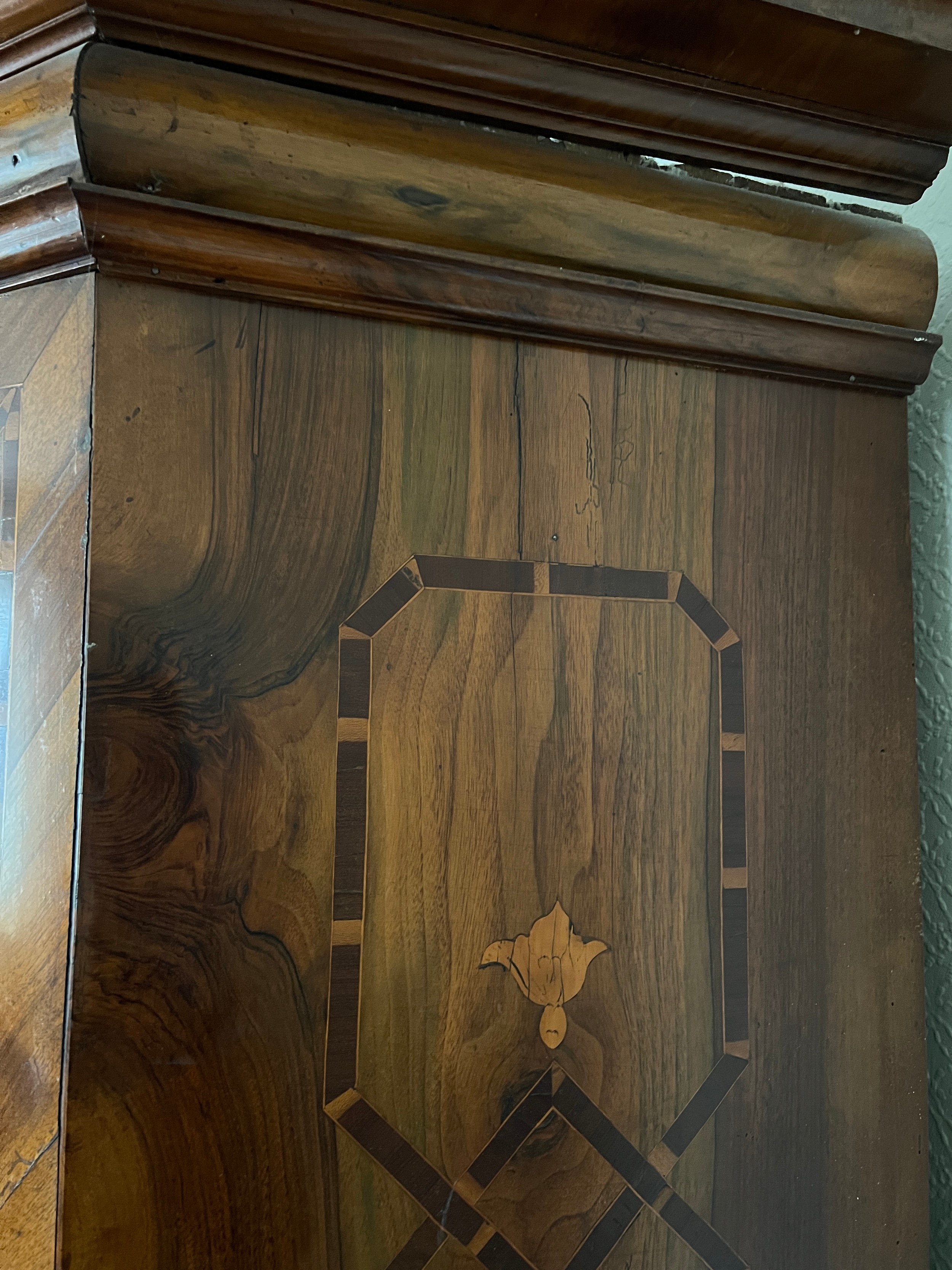 An 18thC Austrian inlaid two door wardrobe on bun feet. Dated 1727 to the top. 202cm h x 57cm d x - Image 11 of 20