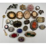 A quantity of 19th/20thC brooches, pins etc to include cameos, citrine etc.
