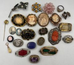 A quantity of 19th/20thC brooches, pins etc to include cameos, citrine etc.