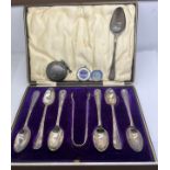 Silver etc to include boxed silver spoons with tongs, single Georgian teaspoon, Chester silver