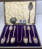 Silver etc to include boxed silver spoons with tongs, single Georgian teaspoon, Chester silver