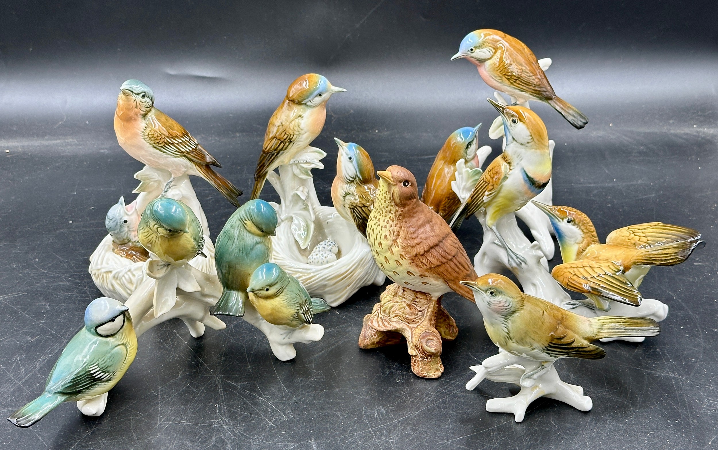 Six Karl Ens porcelain bird figurines to include Robin's Nest 7499, Blue Tits, Chaffinch etc.