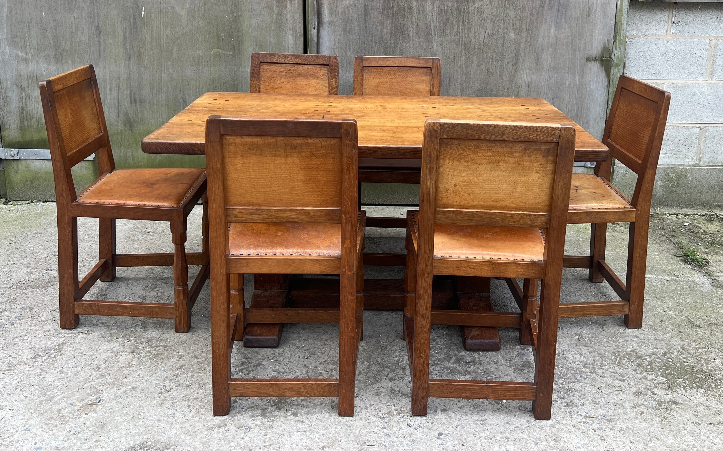 A Robert Thompson ‘Mouseman’ adzed oak dining table and six chairs given by Robert to his daughter - Image 12 of 44