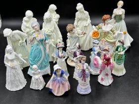A large collection of ceramic figurines to include Coalport Innocence, Here comes the Bride,