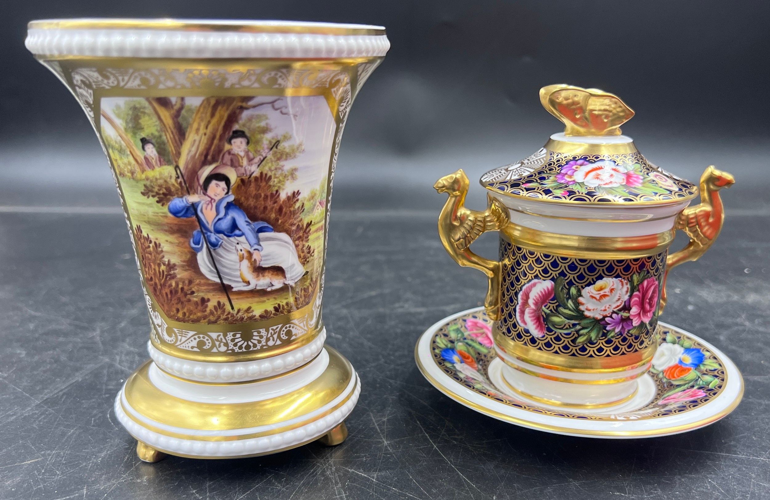 A boxed Spode Regency pattern chocolate pot with cover and saucer decorated with gilt griffin