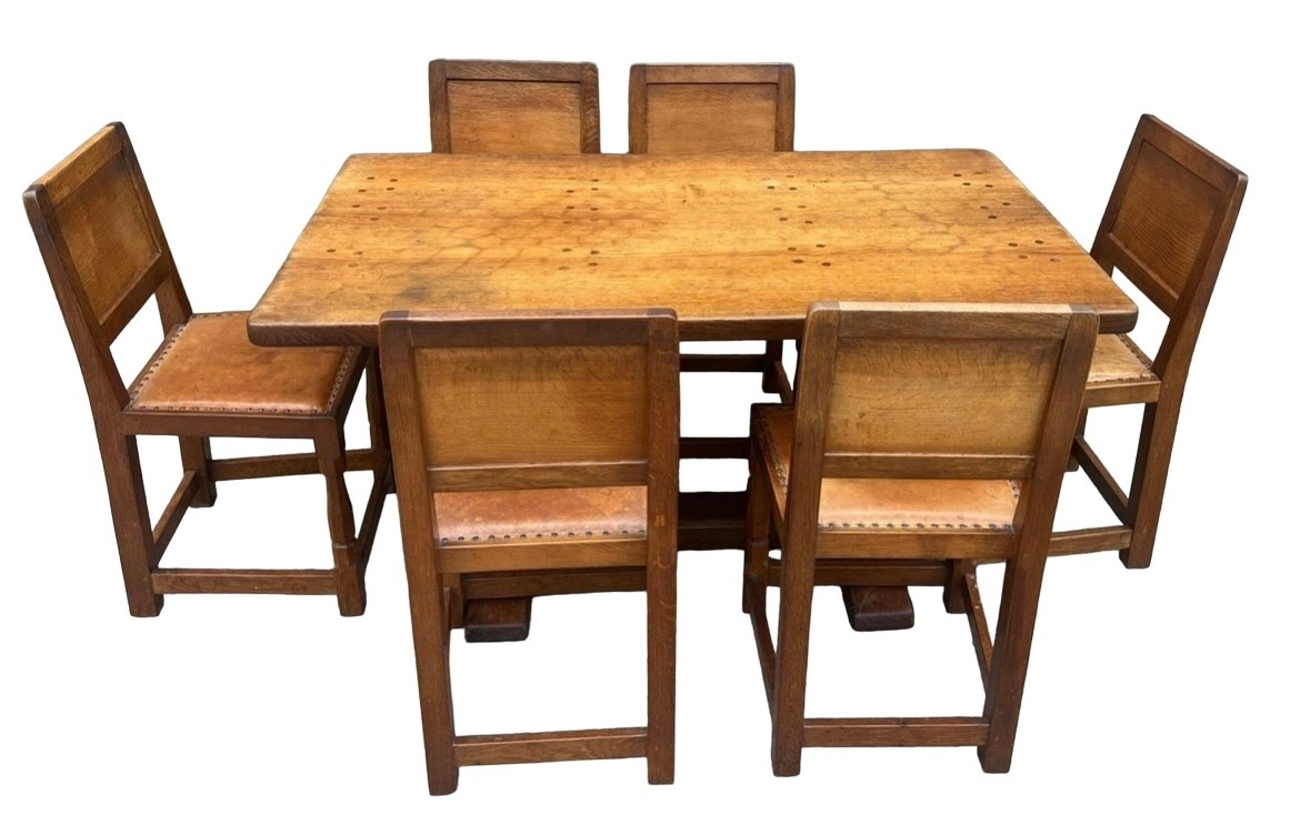A Robert Thompson ‘Mouseman’ adzed oak dining table and six chairs given by Robert to his daughter - Image 2 of 44