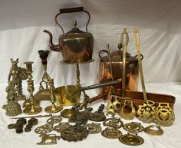 Large collection of Copper and Brass to include a Copper Water Boiler/Urn (32cm), copper kettle (