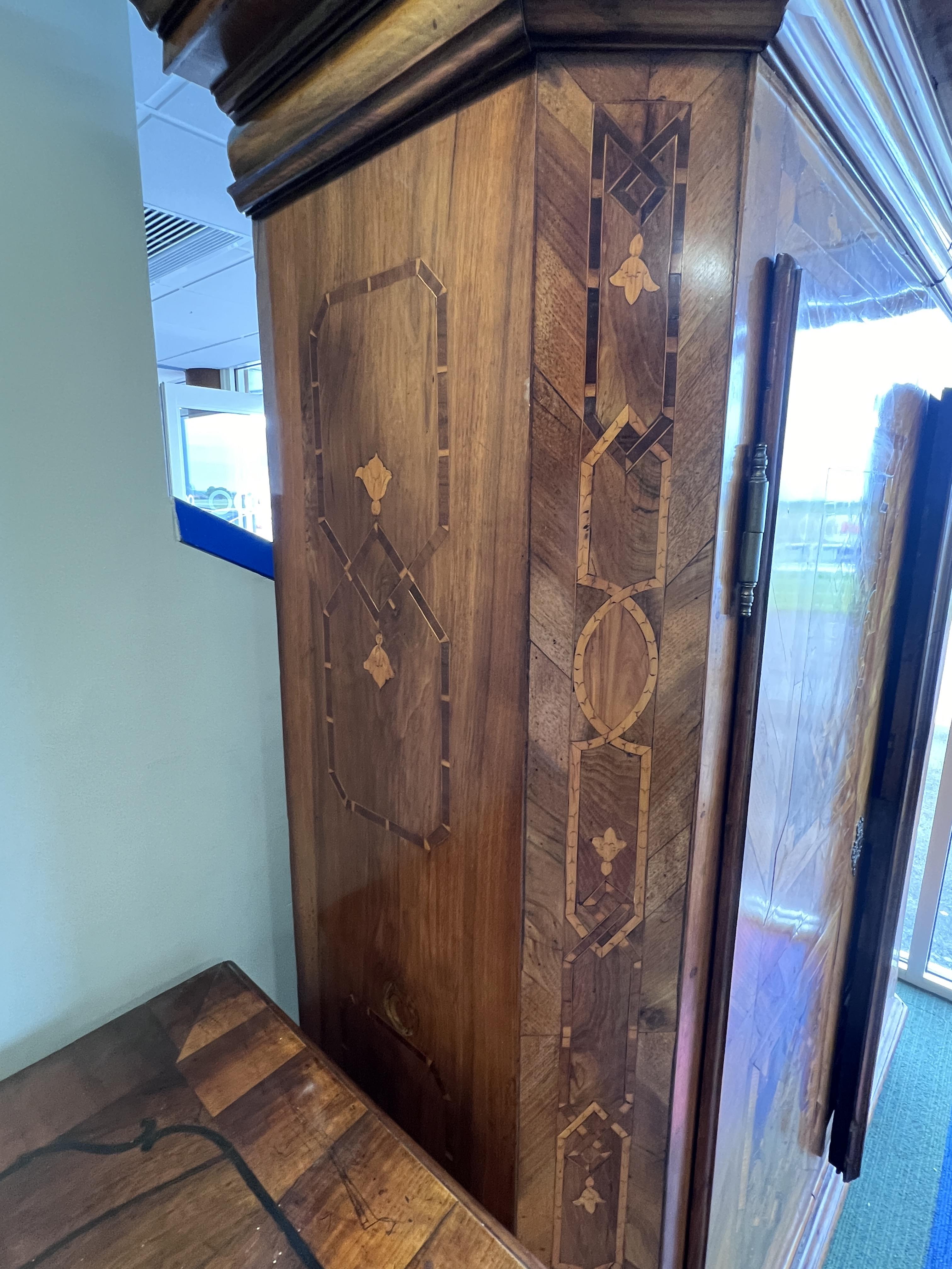 An 18thC Austrian inlaid two door wardrobe on bun feet. Dated 1727 to the top. 202cm h x 57cm d x - Image 3 of 20