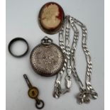 A continental silver pocket watch, marked .935 with winding key, a .925 silver chain, metal framed