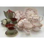 A pink Tuscan bone china tea service with blossom and butterfly pattern (teapot, milk, sugar, 6 x