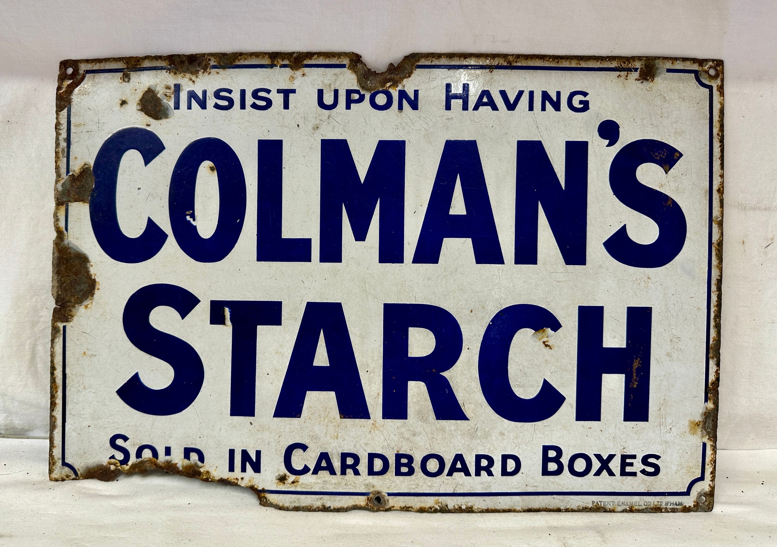 An original enamel 'Colmans Starch' advertising sign measuring 30.5 x 45.5cm.