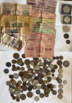 A 1737 Mexico 8 Reales coin together with crowns, Australia Florins, various world coinage,