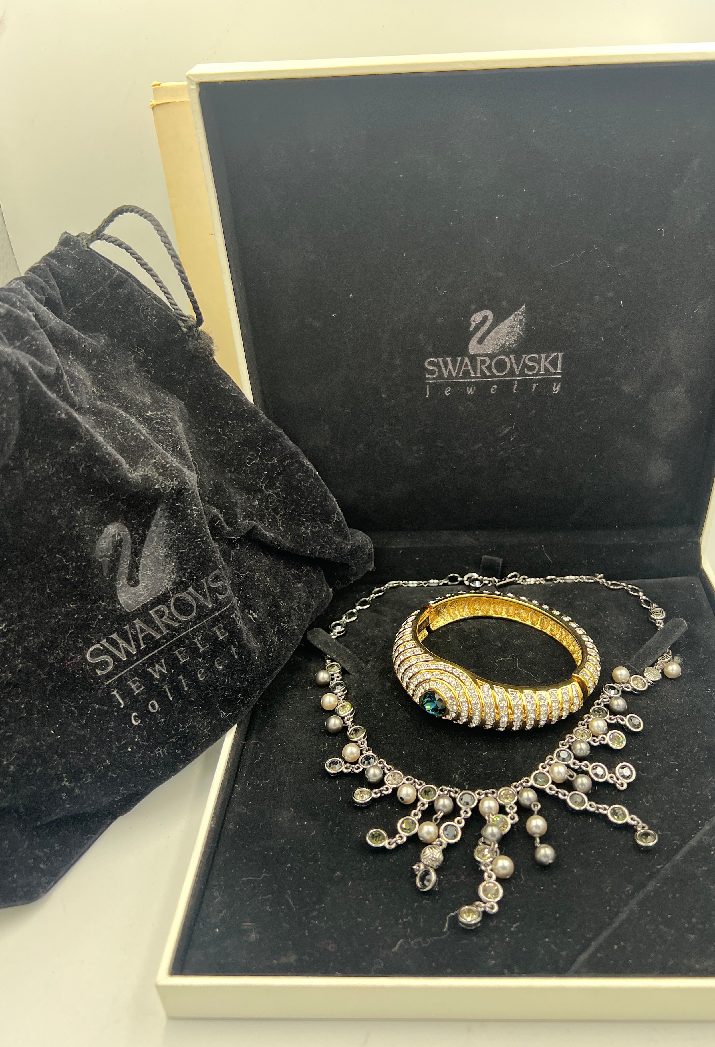 Vintage Swarovski necklace in original case and box together with a Swarovski hinged bangle in