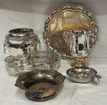 A selection of silver plated wine items including a wine cooler with lions head handles measuring