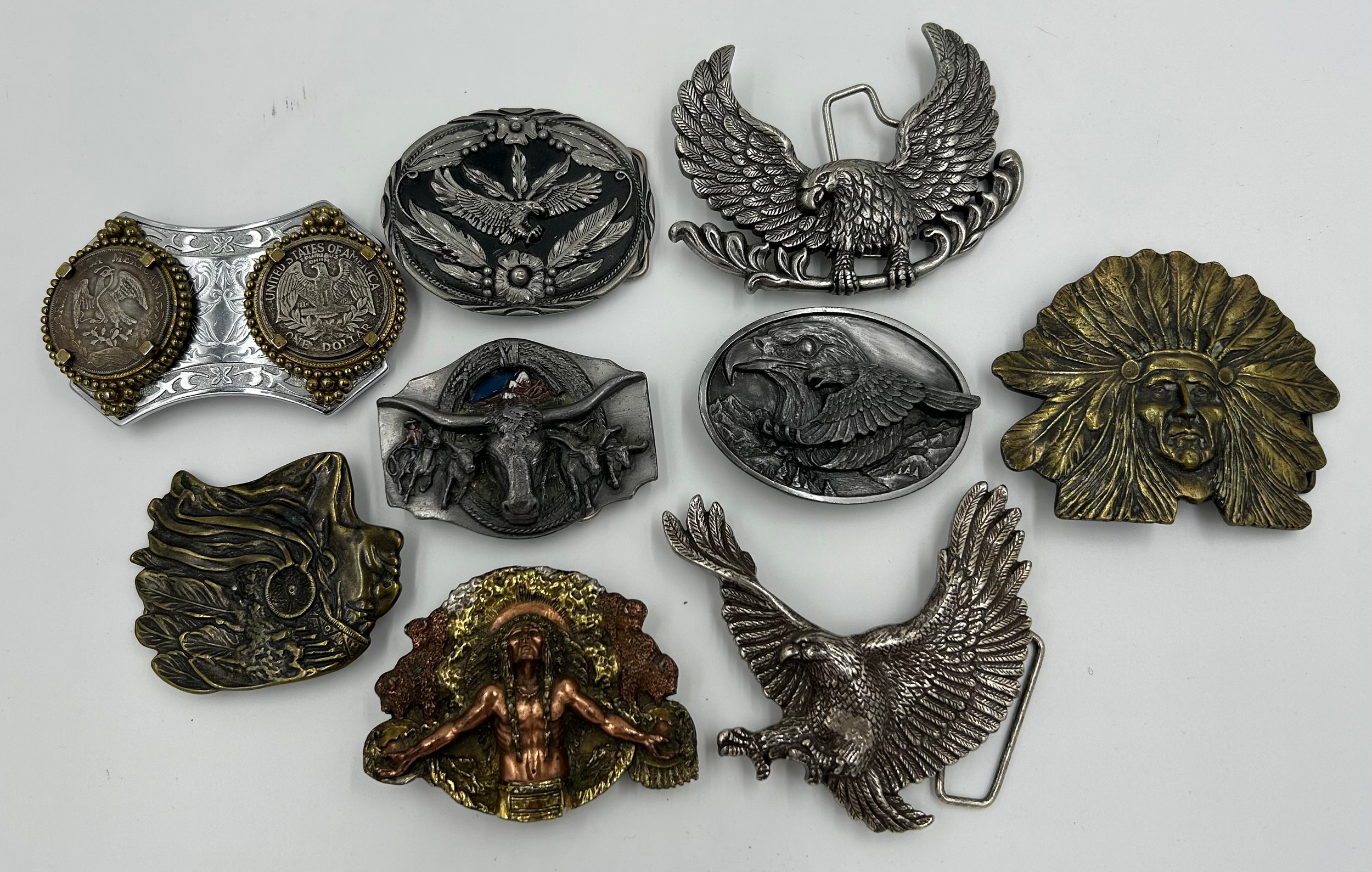 Collection of 34 belt buckles, mainly in brass with Native American designs, eagles, motorbikes etc. - Image 11 of 11