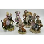 Five Capodimonte figurines to include a courting couple, dancing flower girl, boys with birds.