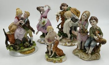 Five Capodimonte figurines to include a courting couple, dancing flower girl, boys with birds.