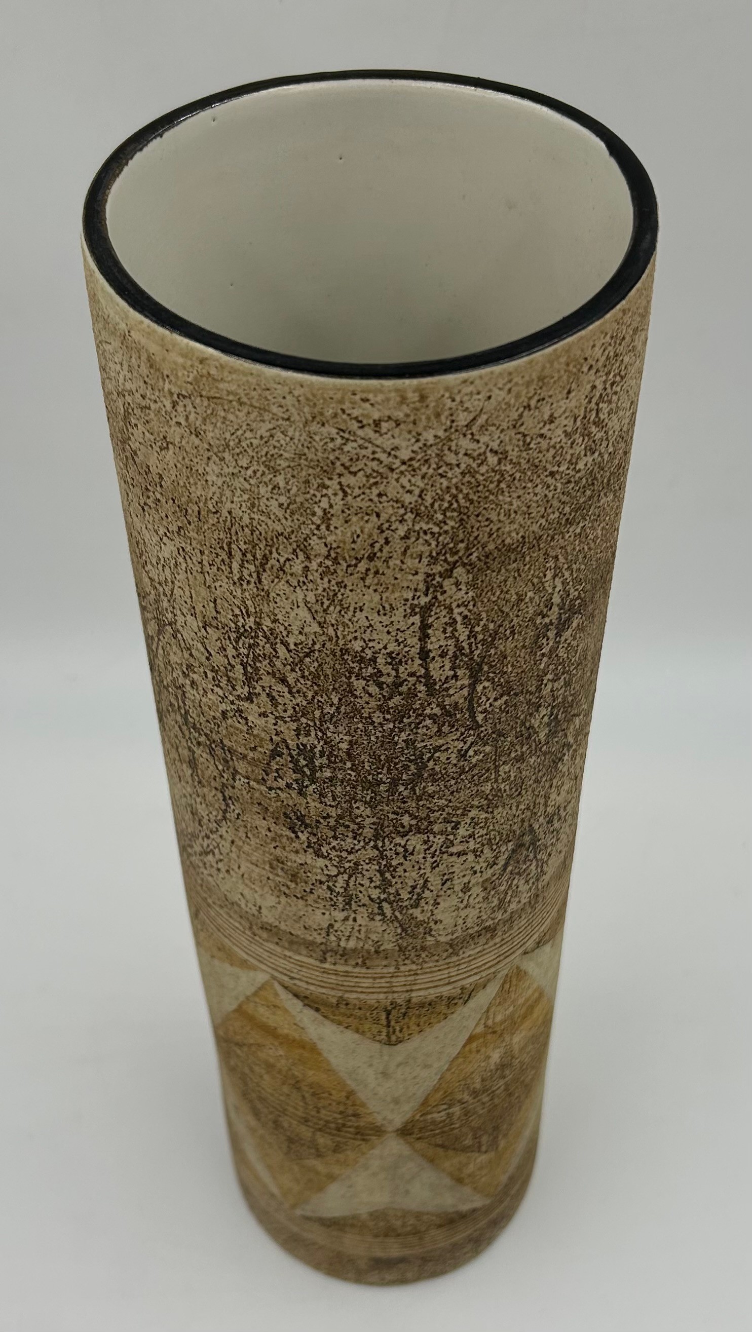 Large cylindrical Troika vase decorated in brown hues and geometric shapes to lower half, 37cm h x - Image 2 of 3