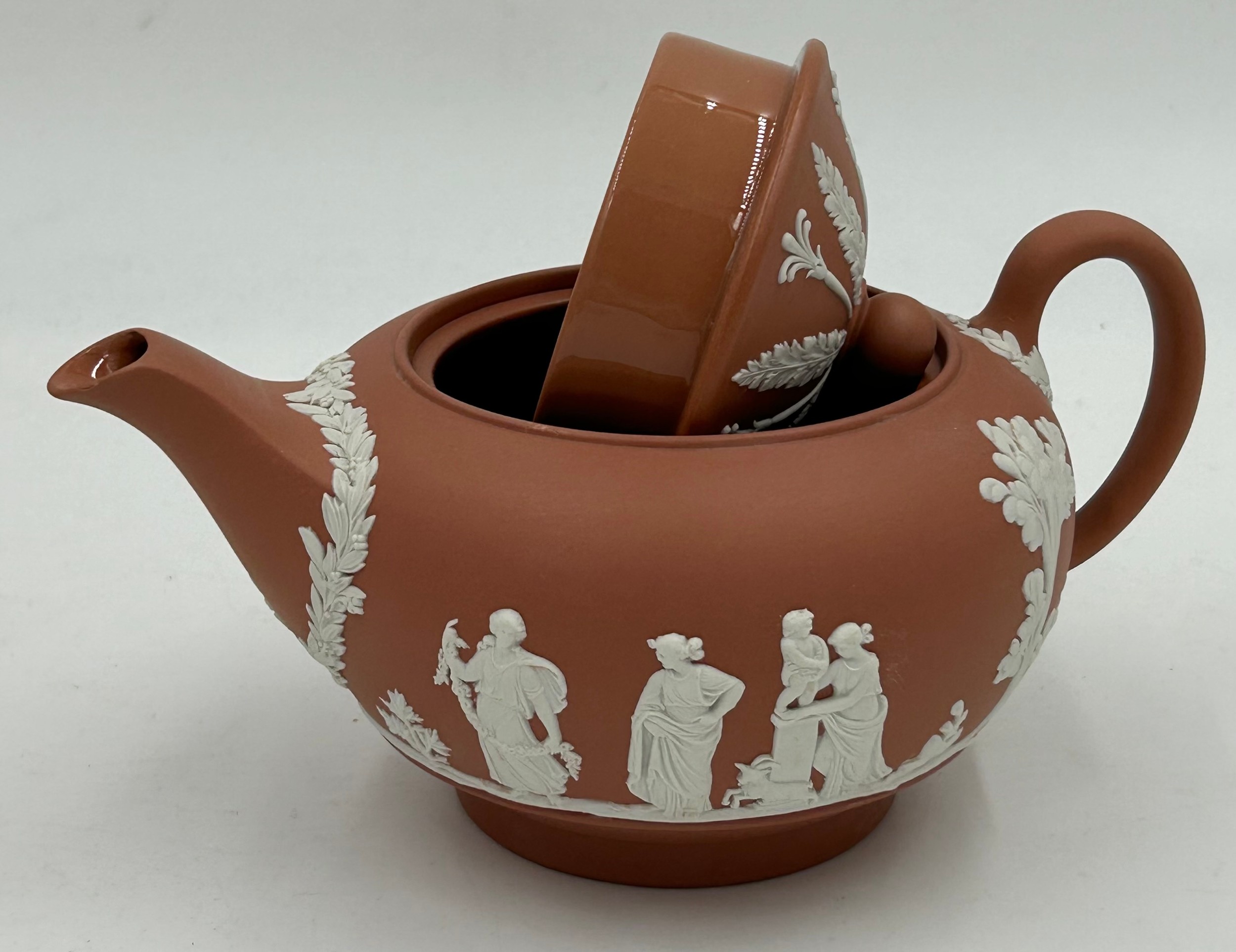 A collection of Wedgwood Terracotta Jasper Ware pottery to include a coffee pot 18cm h, a teapot - Image 3 of 7