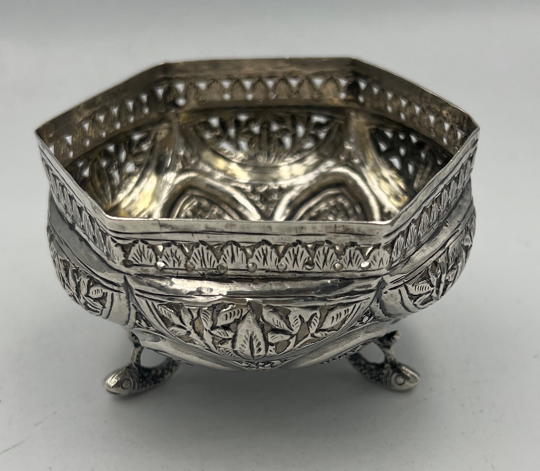 Two Indian white metal bowls, one on a pedestal and embossed with elephants and other animals, the - Image 6 of 7