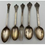 Silver to include three rat tail, fancy back, trepid teaspoons, single spoon and a three pronged