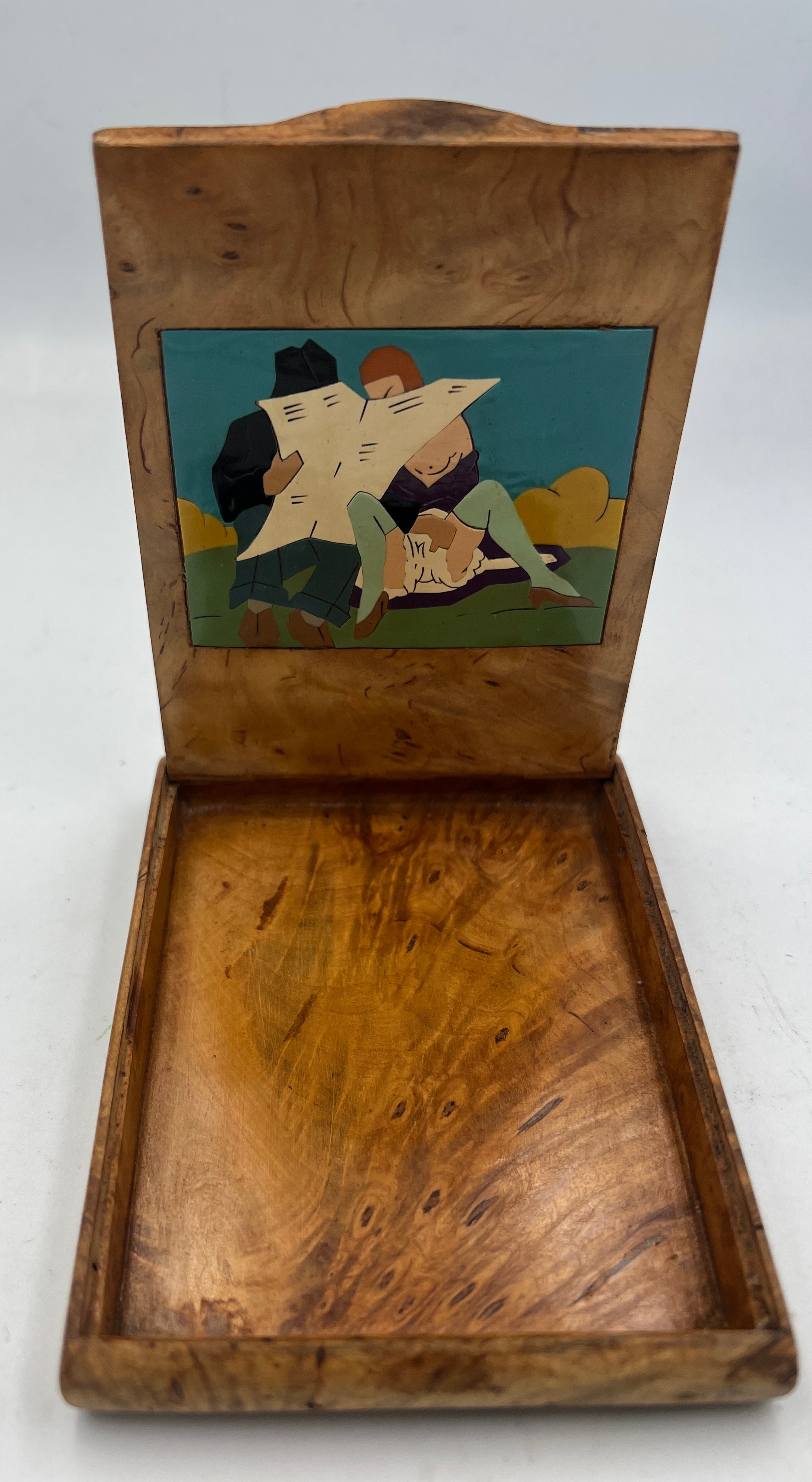 An early 20thC wooden inlaid card/cigarette case depicting courting couple with erotic image to - Image 3 of 3