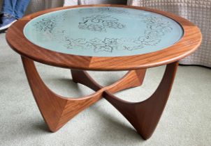 A G Plan circular coffee table with etched glass top. 83cm d.