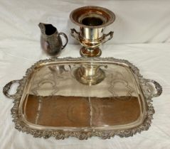 Silverplated ware to include a large decorative tray 78 x 50cm together with a Mappin and Webb jug