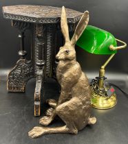 A miscellany to include a Frith sculpture hare, 46cm h, a brass and green glass desk lamp and a