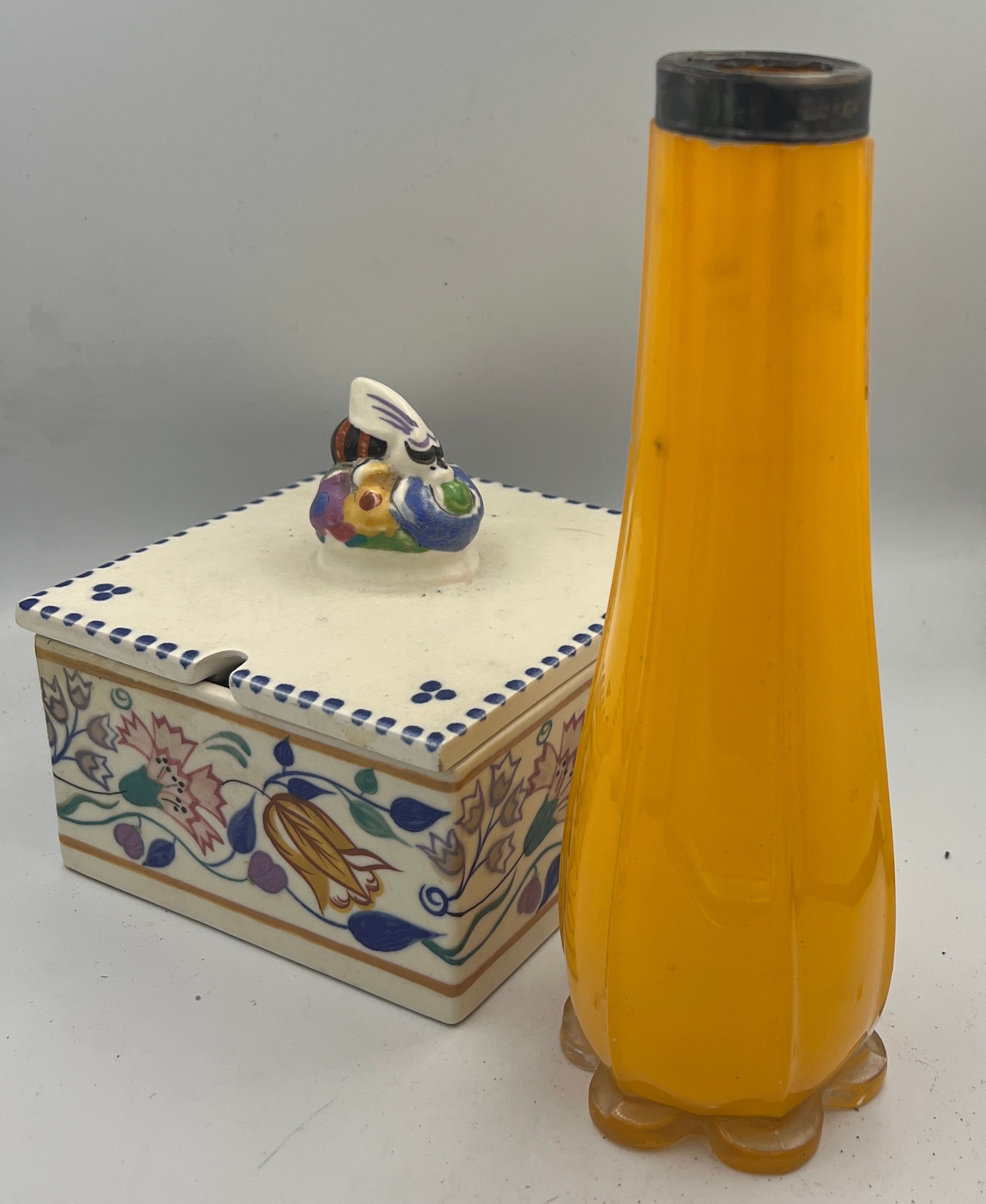 A Poole honey box together with a silver rimmed yellow glass vase, 21cm h.