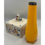 A Poole honey box together with a silver rimmed yellow glass vase, 21cm h.