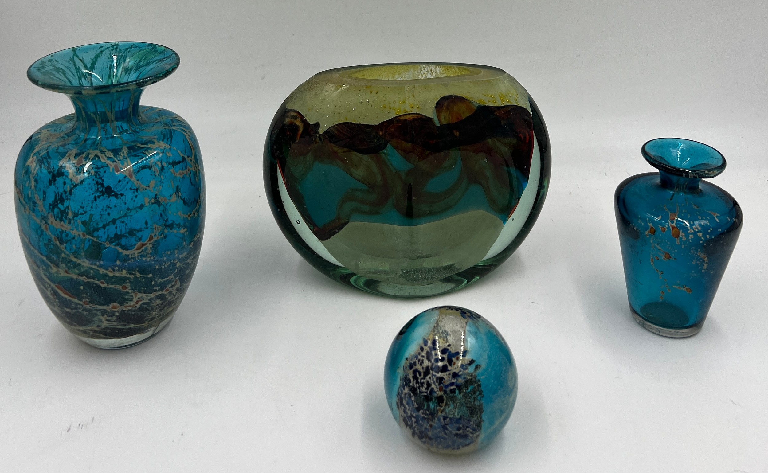 Four pieces of mid 20thC glass, the smaller vase 11cm h marked Mdina.