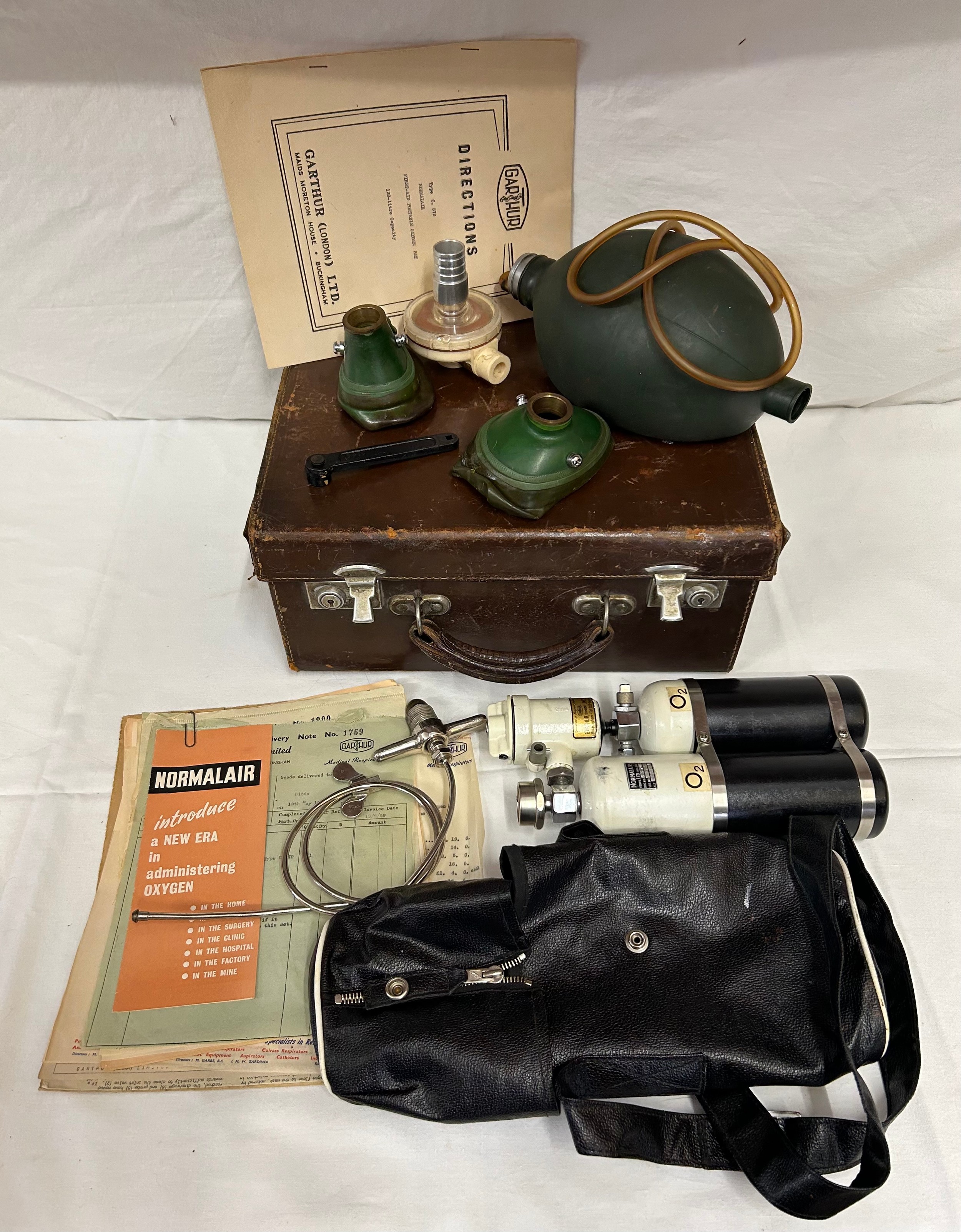 A 1959 Garthur Normalair First-Aid portable oxygen resuscitation equipment set in a Billings &