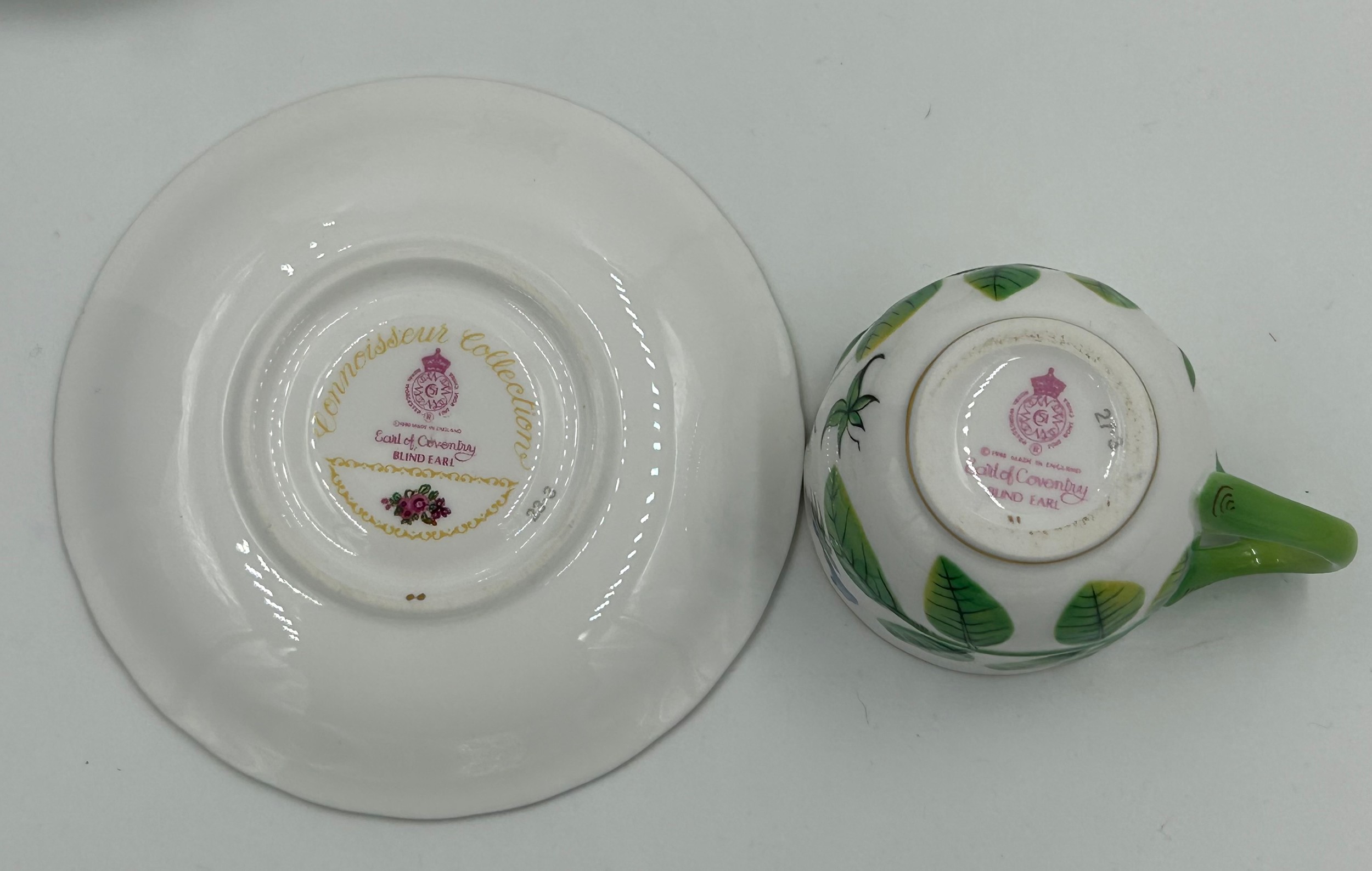 Three Royal Worcester 'Earl of Coventry' Blind Earl relief moulded teacups and saucers (1990),one - Image 5 of 6