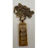 A 9 carat gold ingot on 9 carat gold chain. Chain approximately 45cm l. Total weight 25.8gm.