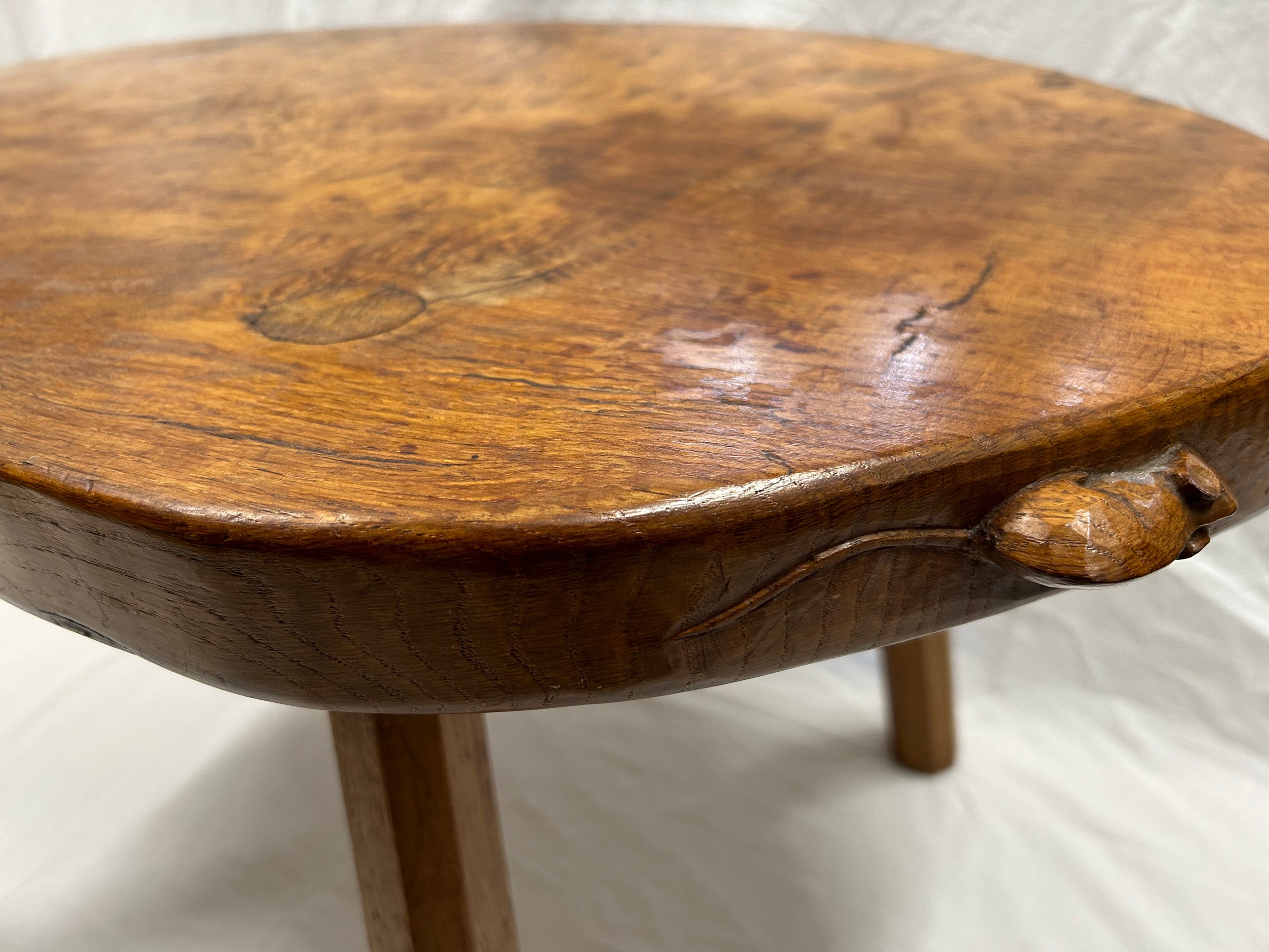 A Robert Thompson, ‘Mouseman’ kidney shaped burr oak table on four octagonal legs with signature - Image 7 of 29