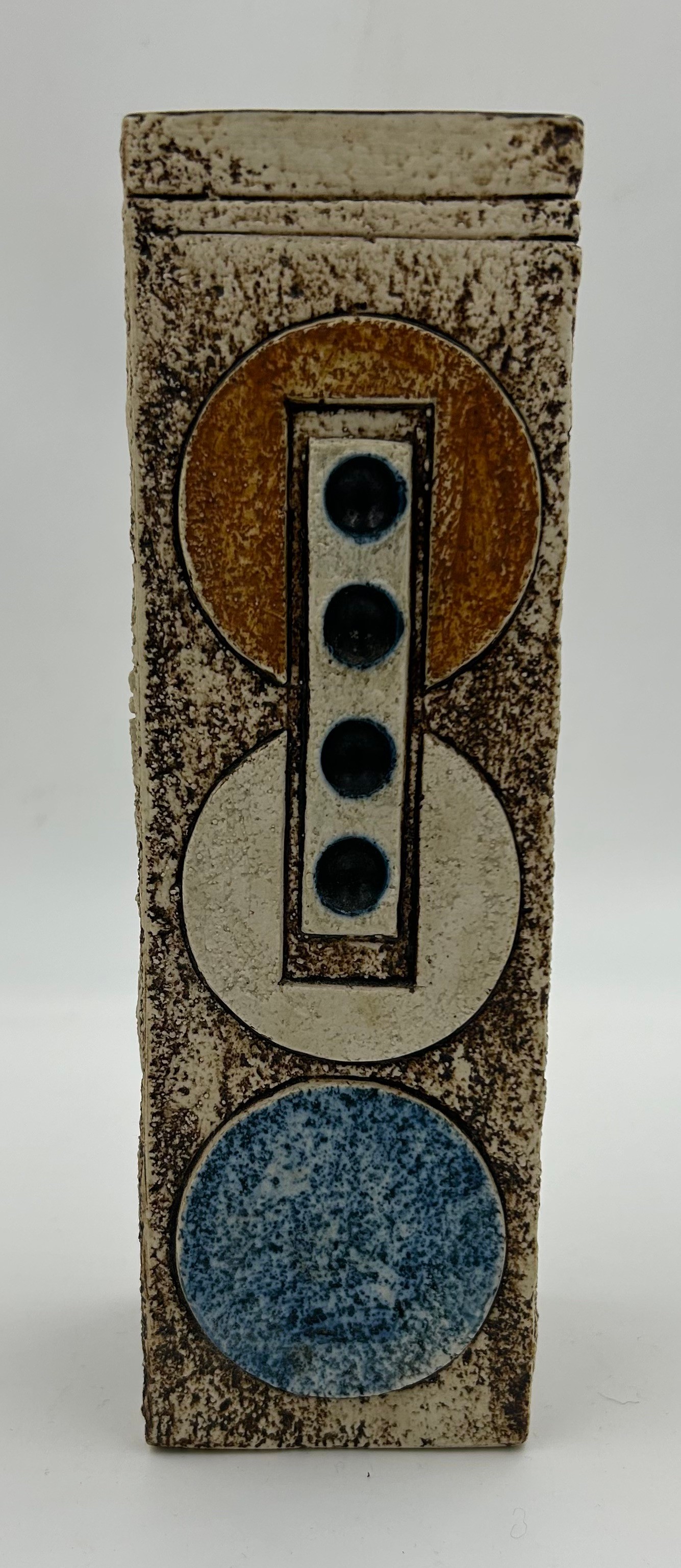 Troika pottery square vase with geometric decoration in brown and blue glazes marked Troika Cornwall