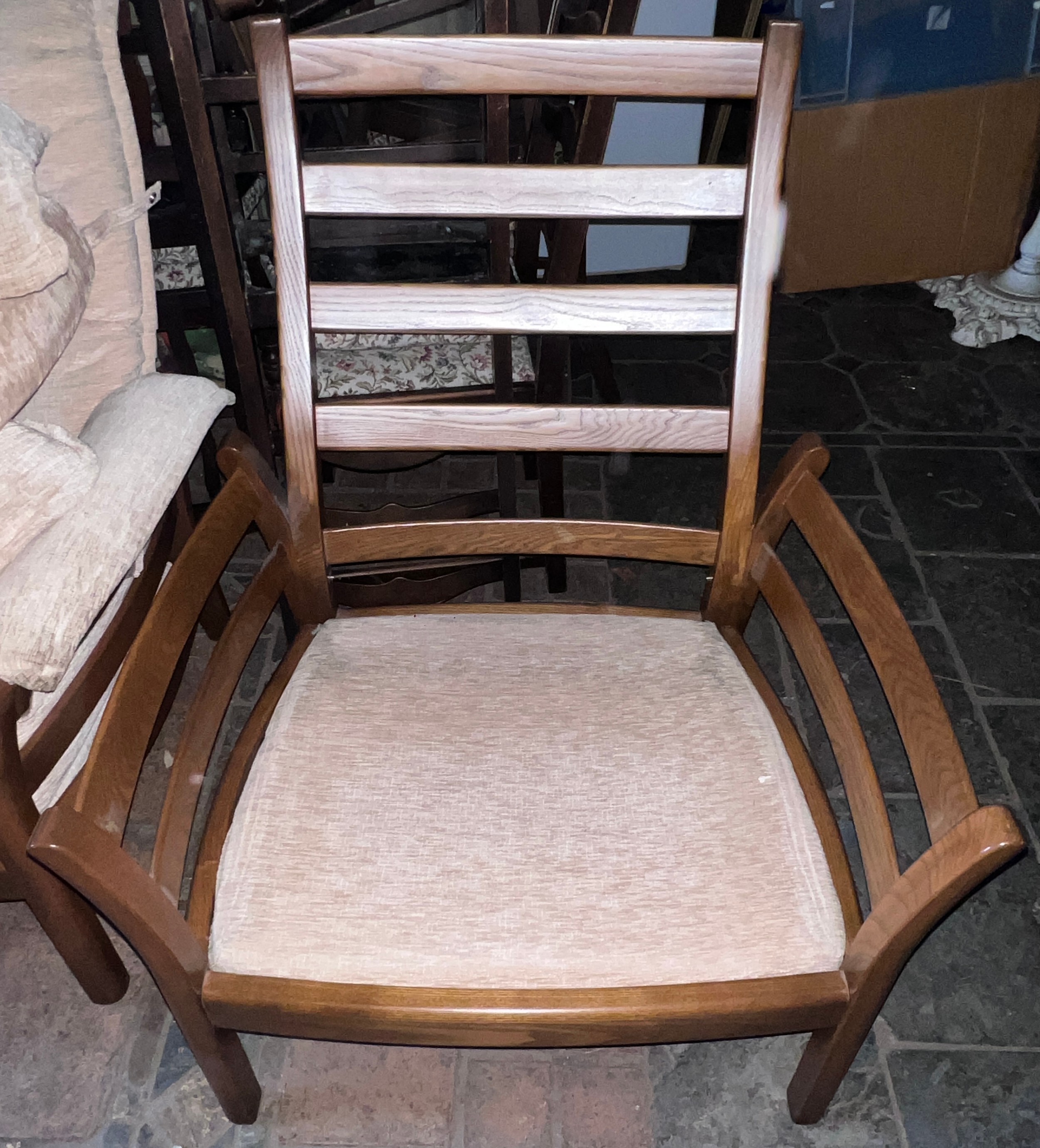 An Ercol teak three seater upholstered sofa and single armchair. - Image 4 of 5