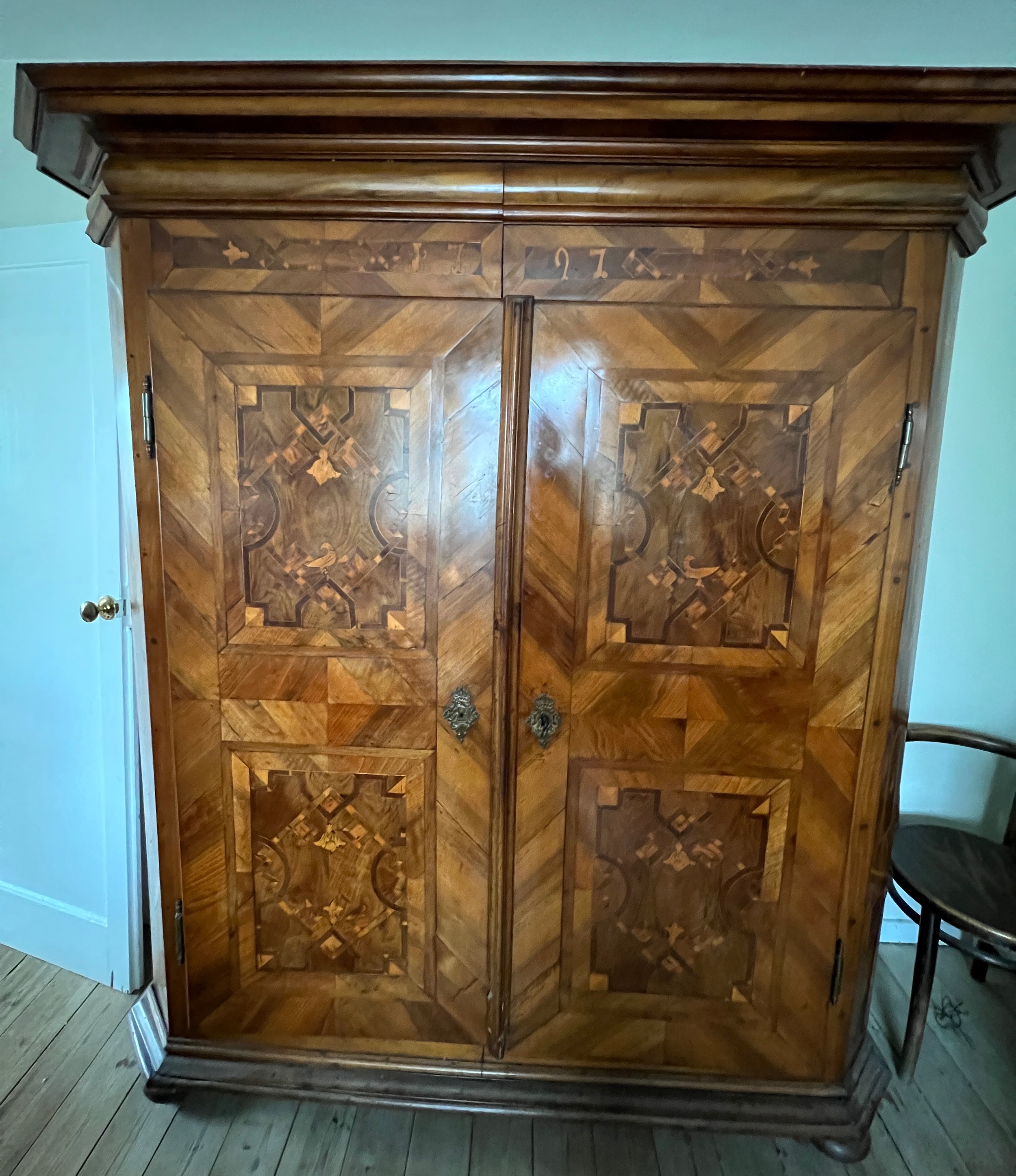 An 18thC Austrian inlaid two door wardrobe on bun feet. Dated 1727 to the top. 202cm h x 57cm d x - Image 5 of 20