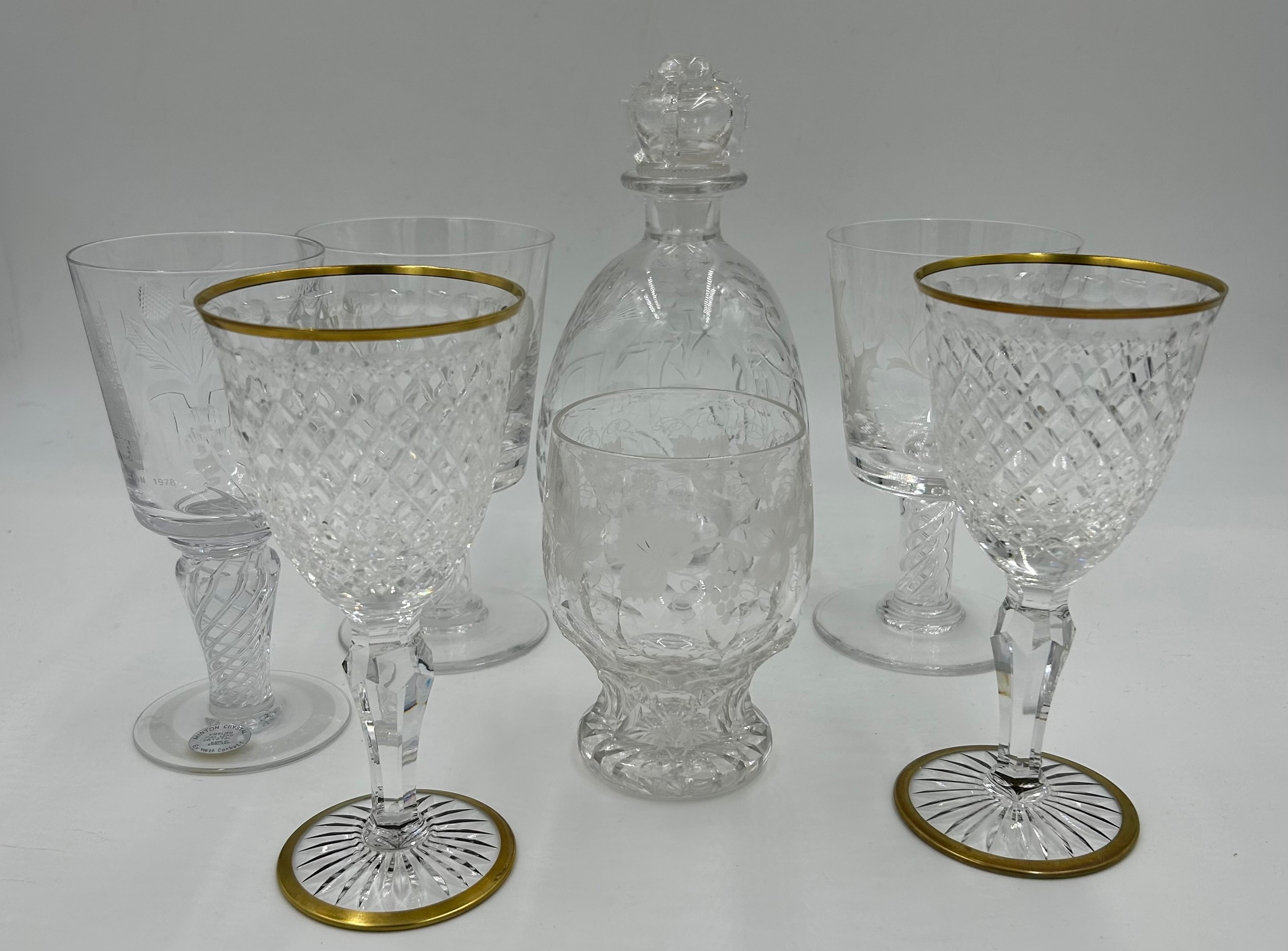 Good quality 20thC cut glass to include a Coronation decanter, 2 x large Stuart goblets etched