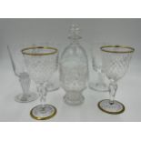 Good quality 20thC cut glass to include a Coronation decanter, 2 x large Stuart goblets etched