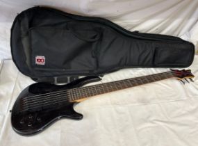A Dean Edge 6 String Bass Guitar constructed from a Basswood body with bolt-on Maple neck in a