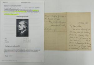 Handwritten letter dated 1895 from Sir Edward George Clarke, British barrister and politician who